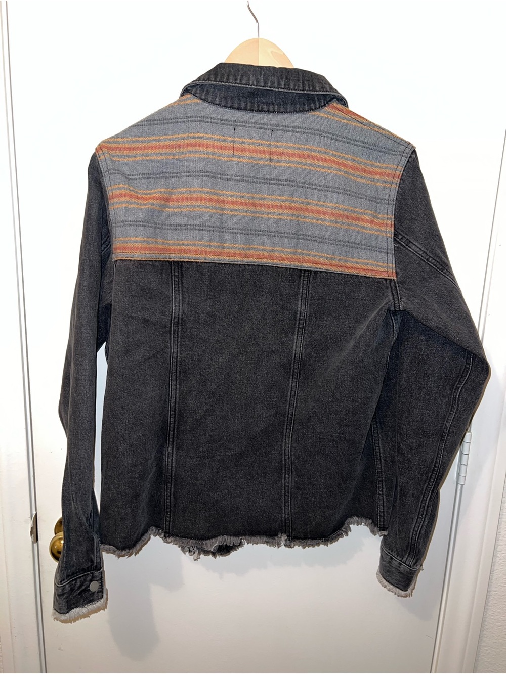 Roxy Washed Black Denim Jacket with Multicolor Striped Yoke